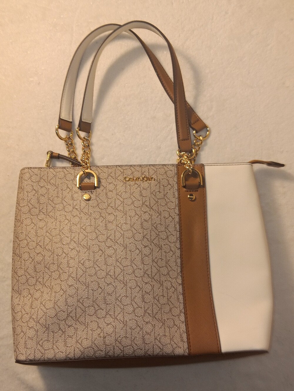 Calvin Klein Signature Monogram Colorblock Chain Tote Bag